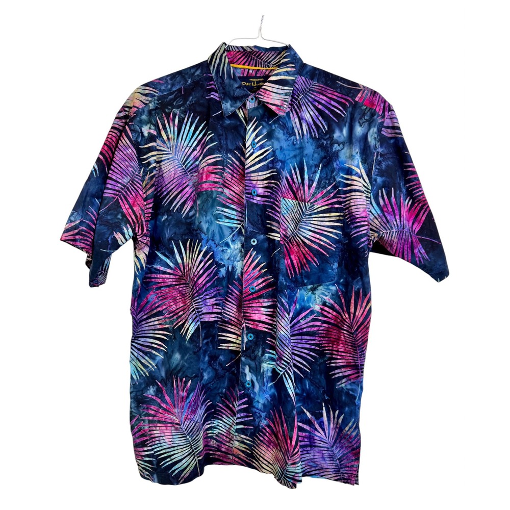 Pete Huntington Bali Medium Batik Palm Leaf Cotton Button Shirt Blue‎ Neon Retro
